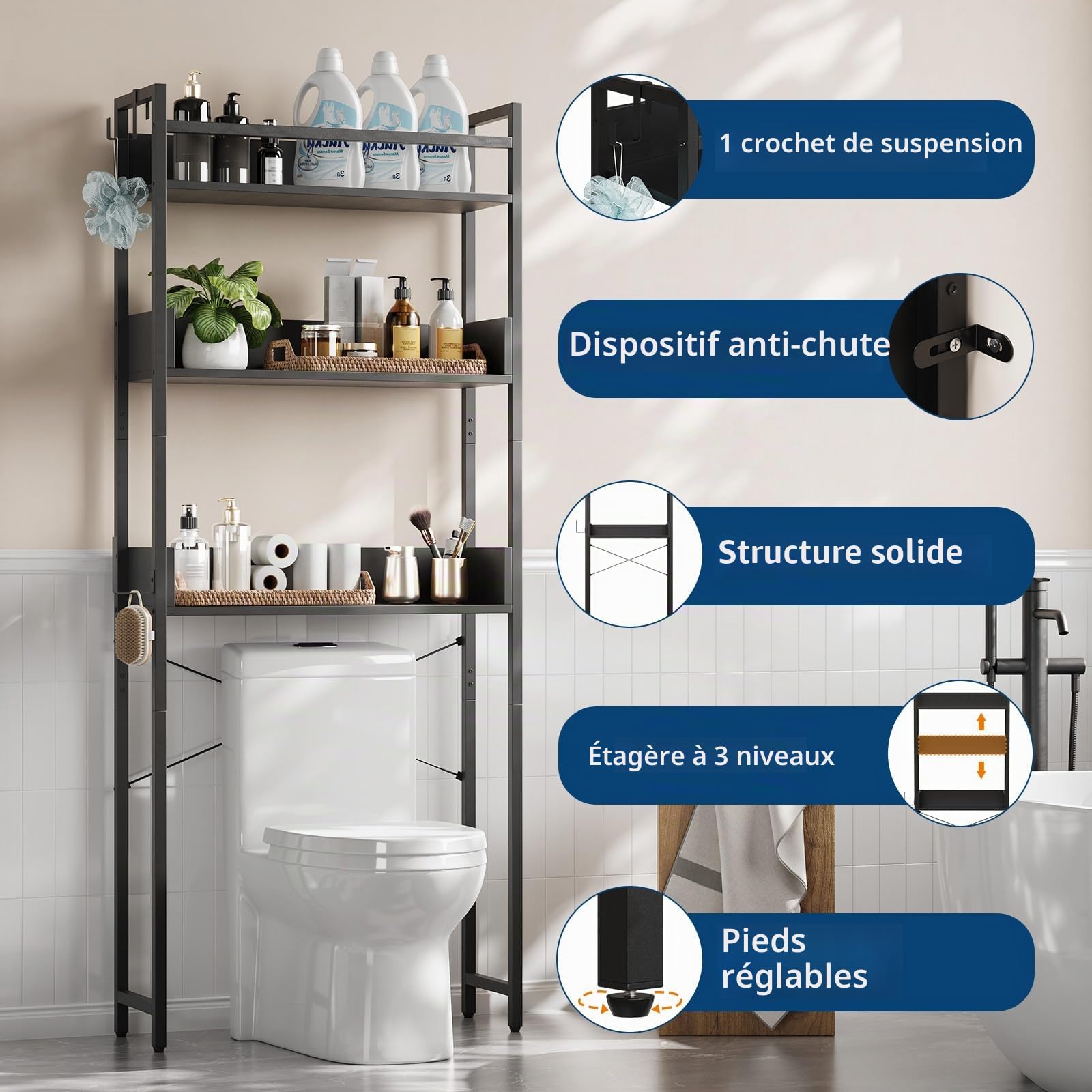 Étagère de Toilette 3 Niveaux,66x23x162 cm,Rangement au-Dessus des WC en Fer, Meuble Salle de Bain Économiseur d’Espace avec Crochet, pour Buanderie Cuisine Balcon Salon, Noir