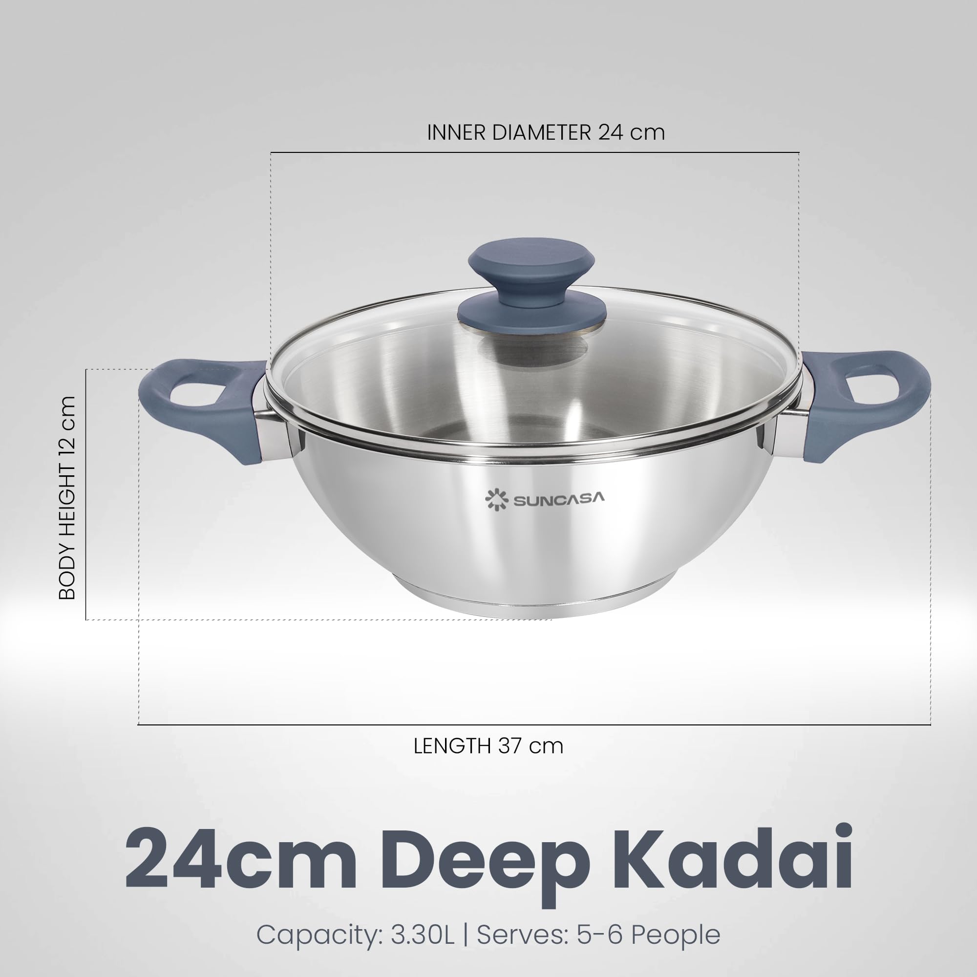 SUNCASA Impact Pro Kadai - Stainless Steel with Glass Lid -3 SUNCASA Impact Pro Kadai - Stainless Steel with Glass Lid -3
