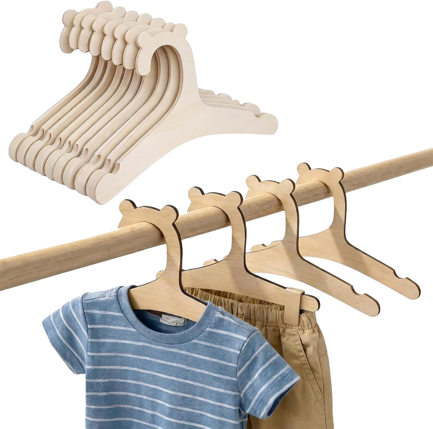 15 Pack Cute Wooden Kids Hangers, 8.94 in Non-Slip Natural Wood Newborn Clothes Holders, Unfinished Toddler Coat Organizers for Coats Pants Suits Jackets