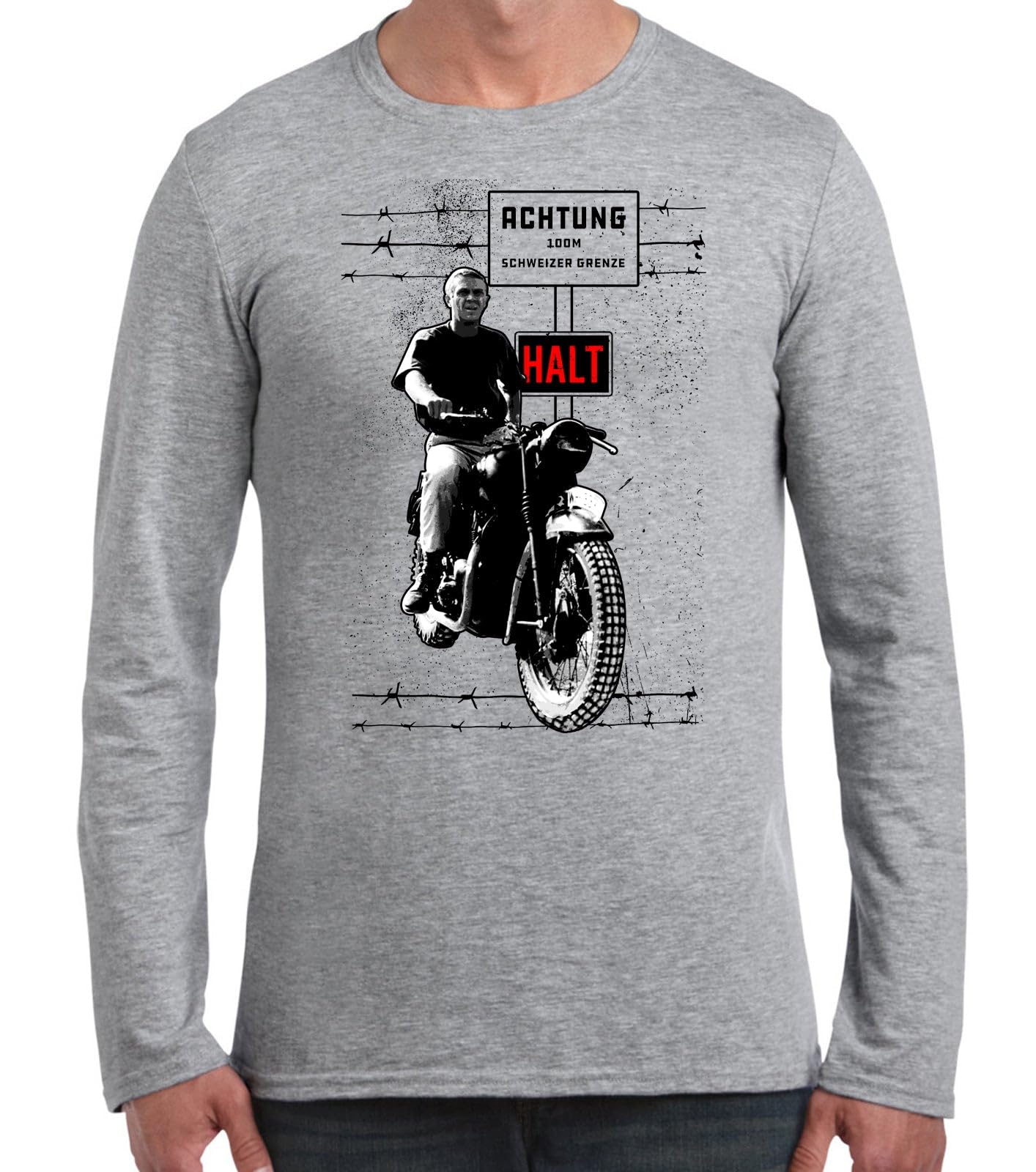 The Great Escape Achtung Long Sleeve T-Shirt Featuring Steve McQueen XL/Light Grey