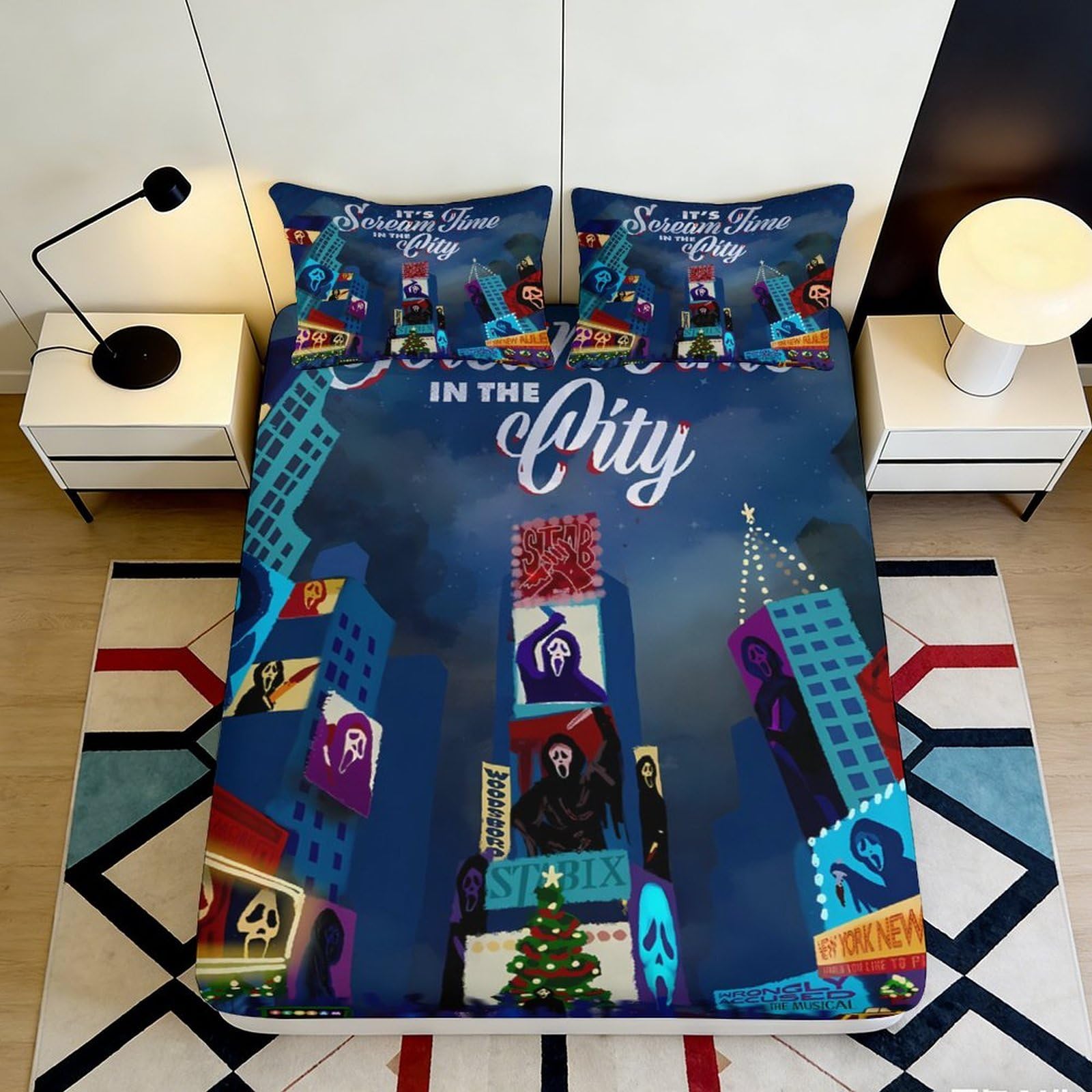 3D Printed Times Square Nightscape Fitted Sheet Microfiber Urban Neon City Mattress Cover for Bedroom Dorm Decor 180x200x25cm