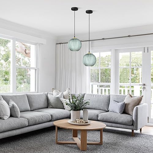 Miniatura 5 de KCO Lámpara colgante de cristal acanalado verde moderna lámpara colgante de globo grande 1 luz colgante negra sola lámpara de isla de cocina,