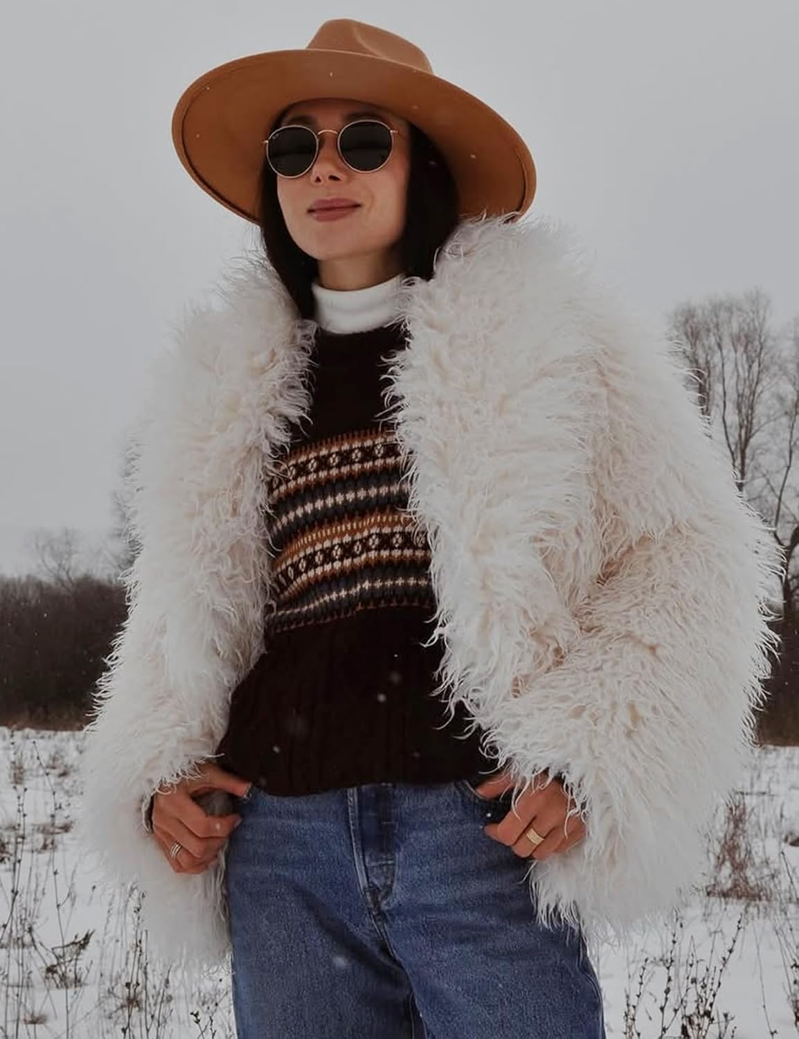 Flygo Women's Faux Fur Coat Jacket Fluffy 2025 Winter Jackets Lapel Long Sleeve Loose Shaggy Coats Outerwear - Image 5