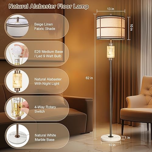 Miniatura 8 de Lámpara de pie de alabastro natural, lámparas de pie para sala de estar, lámpara de pie con luz nocturna, pantalla de lino, base de mármol, lámpara