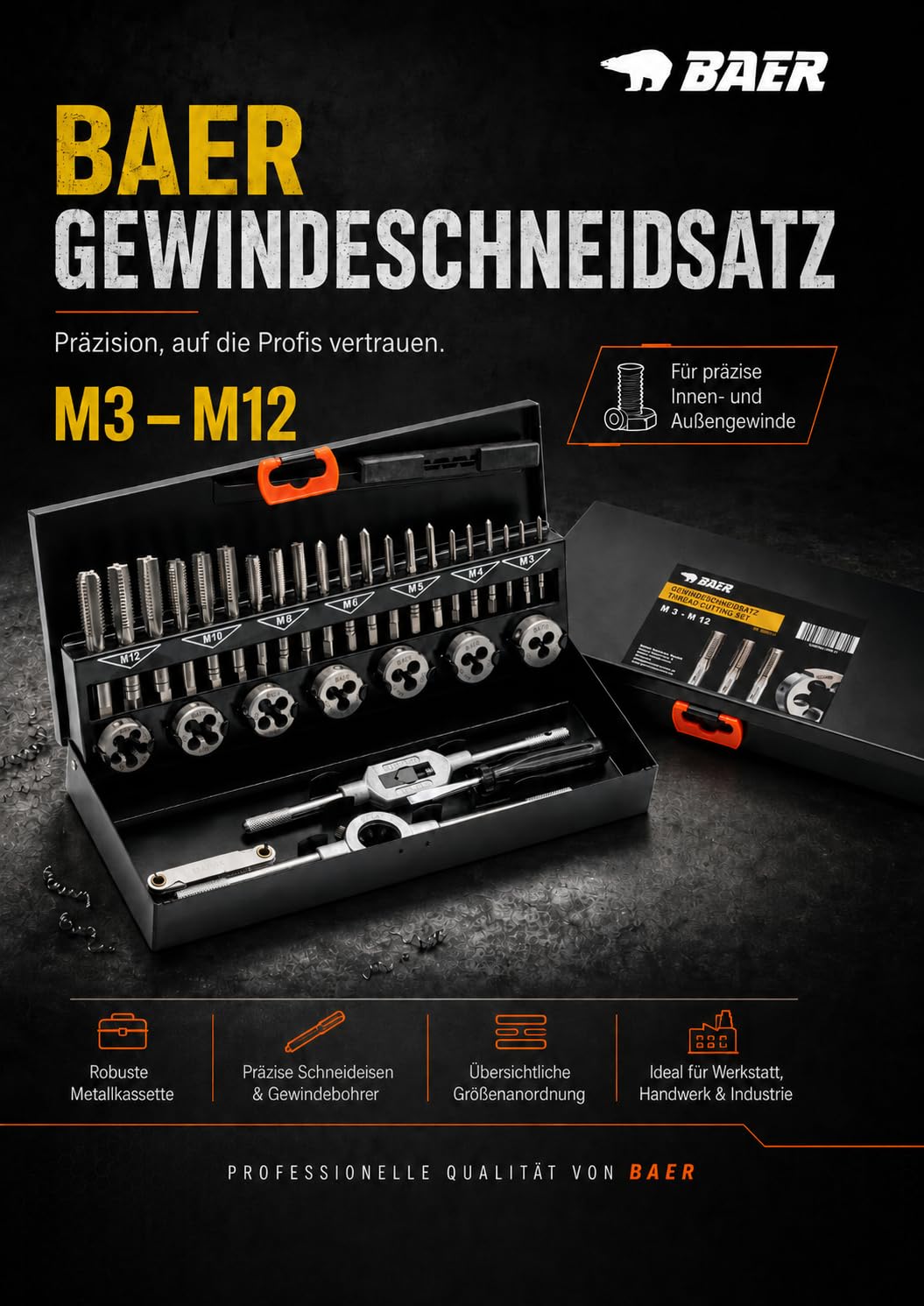 BAER Gewindeschneider Set M3-M12 HSS-G | Gewindeschneidsatz Gewindebohrer & Schneideisen | Innen- und Außengewinde schneiden | Windeisen & Schneideisenhalter | Metallkassette