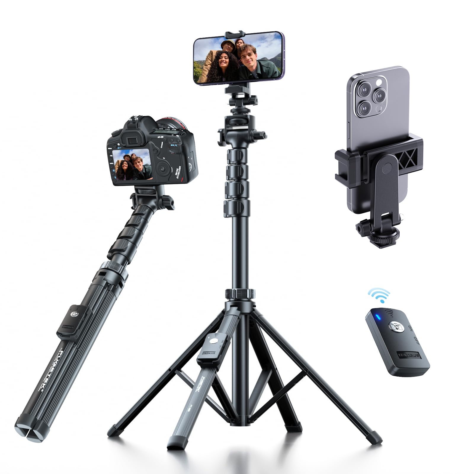 Fugetek 62" Professional Cell Phone Tripod, Ultra Stable 4 Leg Design, Bluetooth Remote, 100% All Aluminum Stick & Legs, Portable All in One, 360° Phone Mount with 2 Cold Shoe Slots, Non Skid Feet