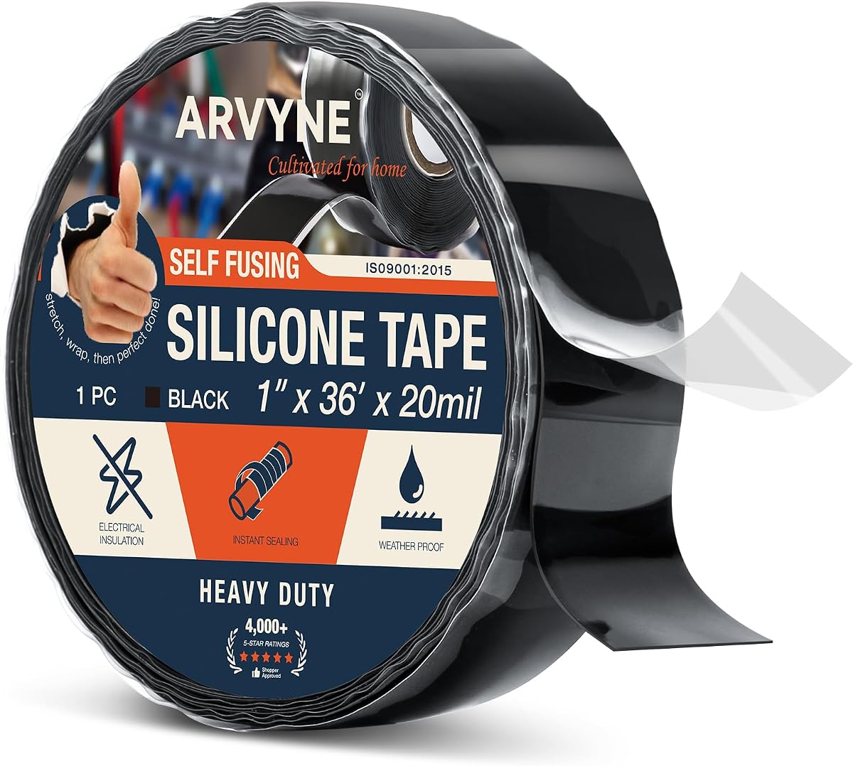 Cinta de silicona autofundible de 1" x 36' - Cinta de goma para reparación de emergencia | Reparación de mangueras y tuberías impermeables, resistente al calor, aislamiento, sin residuos - para plomería, automoción, uso eléctrico y en exteriores