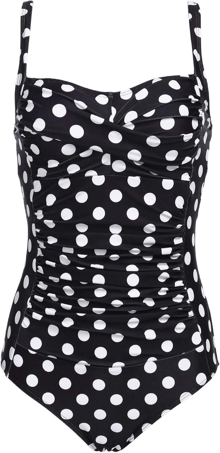 Ekouaer Women's One Piece Swimsuit Ruched Tummy Control Bathing Suits Vintage Retro Push Up Swimwear