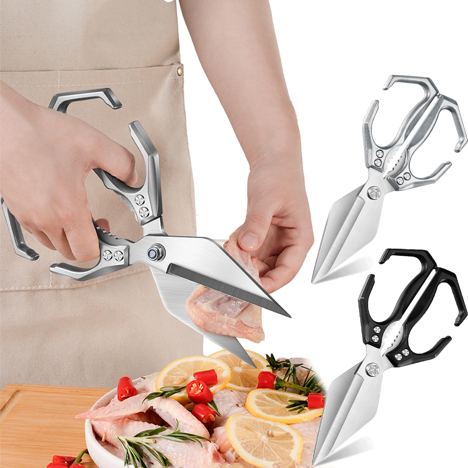 Multifunctional Heavy-Duty Kitchen Shears,Kitchen Scissors,with Ergonomic Handle,High-Carbon Steel Japanese Scissors for Chicken,Meat,Seafood,Bone Cutting (Silver+Black)