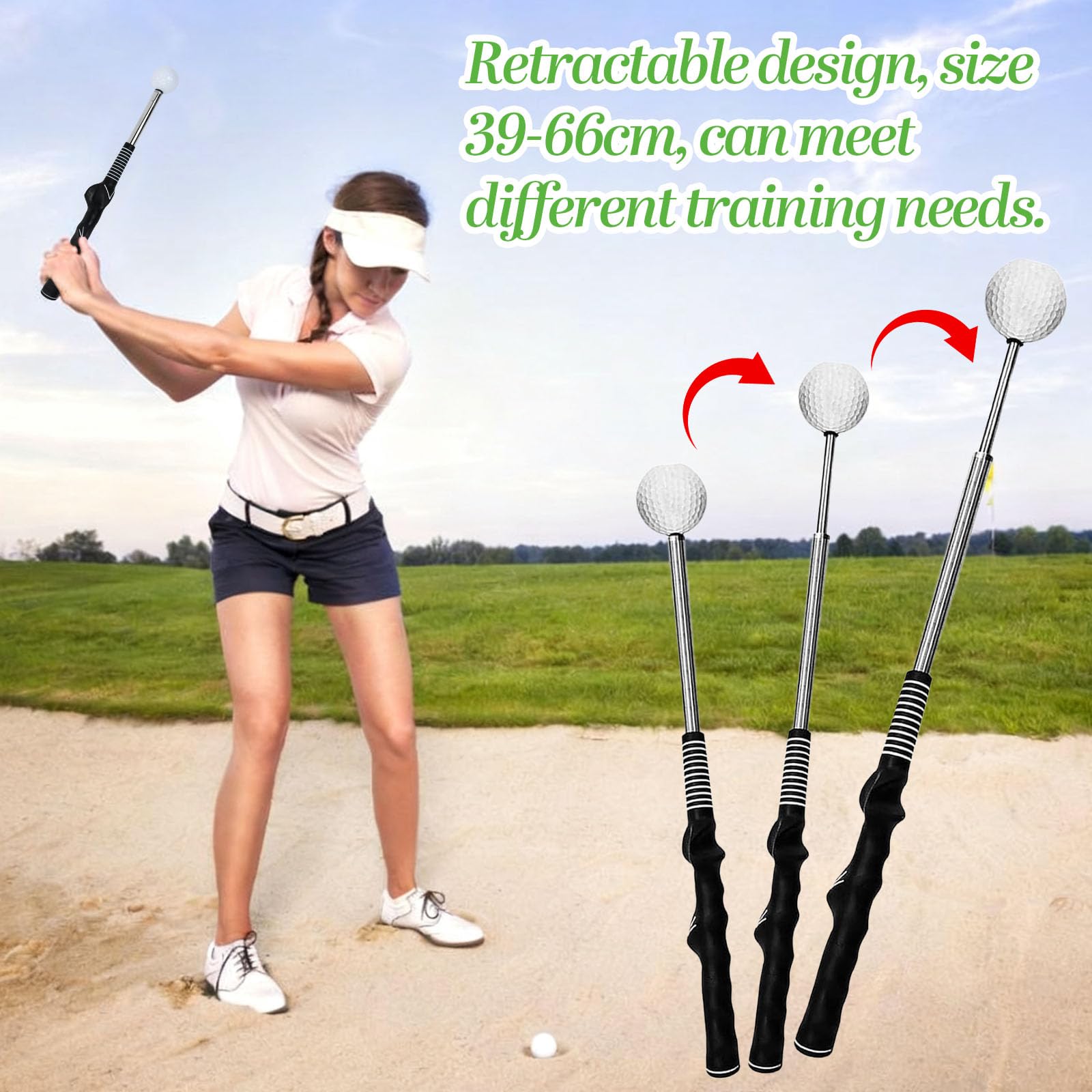 Bastoni Telescopici da Golf, Allenatore Telescopico Swing del Golf Asta Allenamento Golf Telescopico Inossidabile Bastone Golf con Fascia Elasticizzata e Pinza per Pallina da Golf