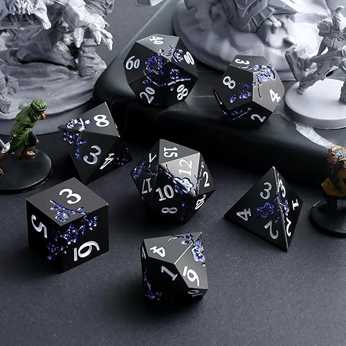 Miniatura 3 de DNDND - Juego de 7 dados de metal con purpurina azul, juego de 7 dados metálicos para DND con caja de regalo para juego de mesa de Calabozos y