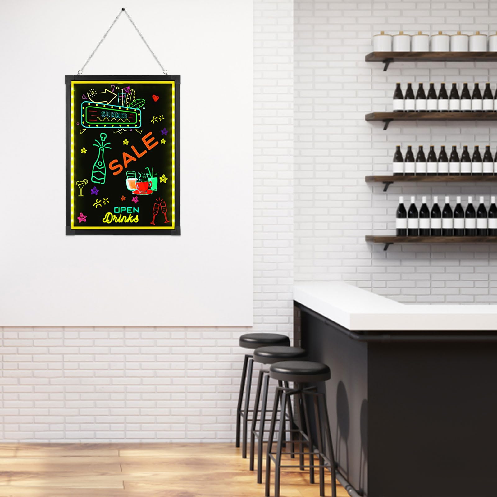 Schwarz LED Schreibtafel Buntes LCD Schreibtablett Leuchttafel DIY Leuchtende Werbetafel mit 7 Farbvariationen 18 Lichteffekten LCD Writing Tablet für Dekoration Werbetafeln 50 * 70CM
