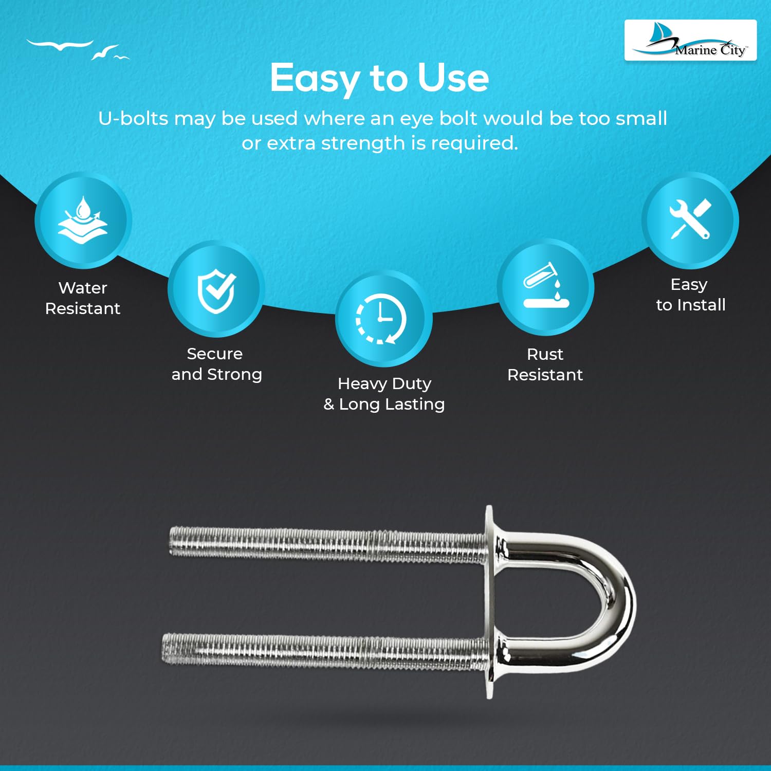 MARINE CITY 304 Grade Stainless Steel Strong Sturdy Stern 5/8 Inches Stock Fixed Welding Plate Bow Eye Tie Down U Bolt 8 Inches for Marine Boat Yacht Accessory Hardware