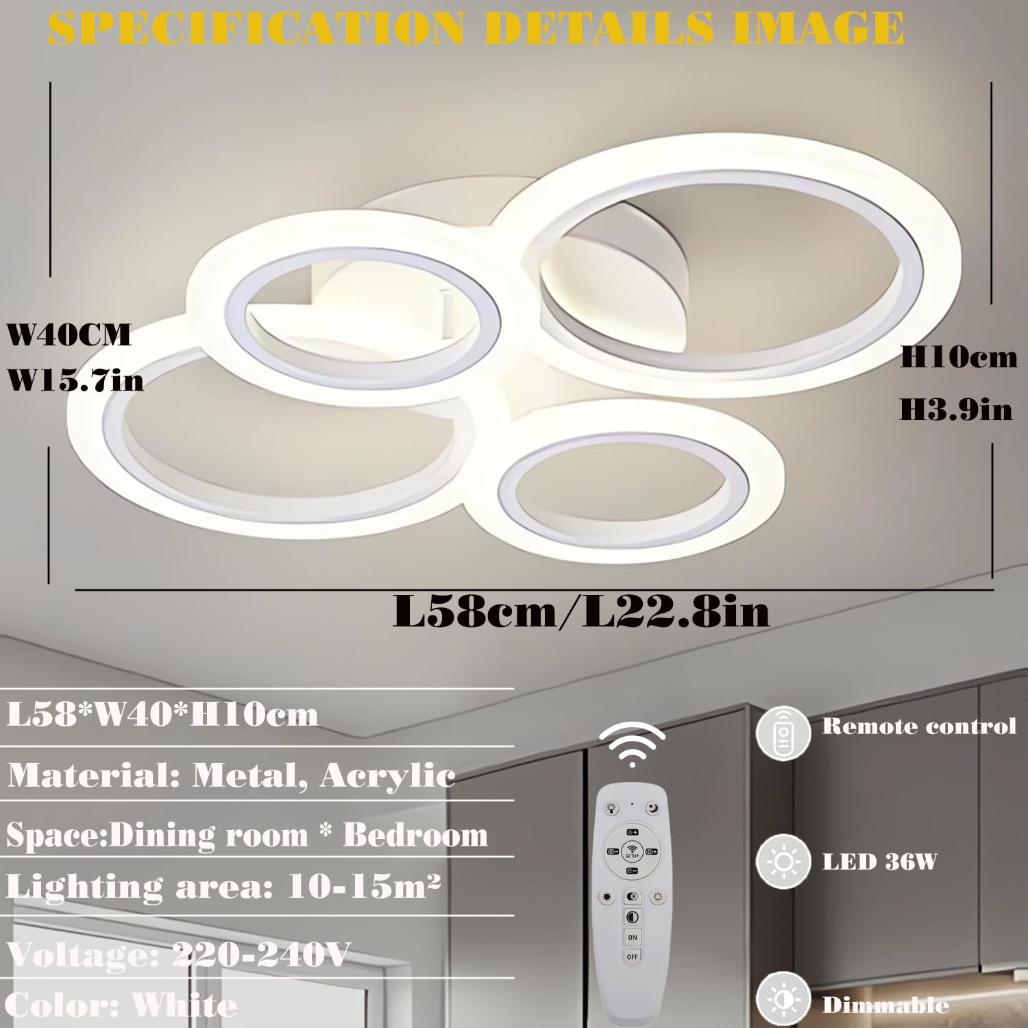 Nowoczesna oprawa sufitowa LED,oprawa sufitowa do domu z funkcją ściemniania,3000-6000 K,z pilotem zdalnego sterowania,oświetlenie sufitowe do salonów czarna energooszczędna lampa (Biały, L58cm)