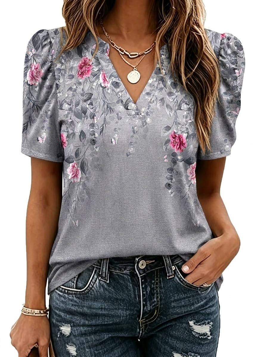 Zeagoo Women Blouses Puff Short Sleeve Tops V Neck Dressy Casual Spring Shirts Boho Floral Cute Clothes 2026