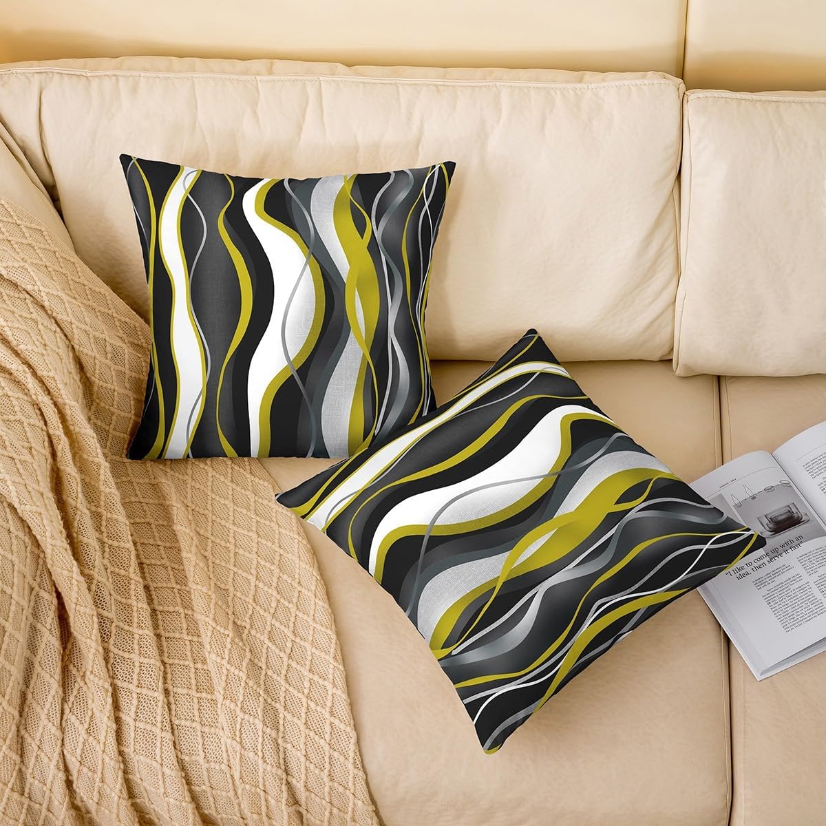 Feelyou Geometric Throw Pillow Covers 18"x18" Set of 4 Soft White Yellow Black Grey Lines Cushion Covers for for Couch Sofa Modern Abstract Art Decorative Pillowcases Outdoor Pillows Covers