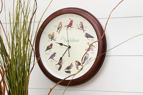 Miniatura 2 de Mark Feldstein Audubon - Reloj de pared con diseño de pájaro cantante, marco de madera con acabado de cerezo de 13 pulgadas