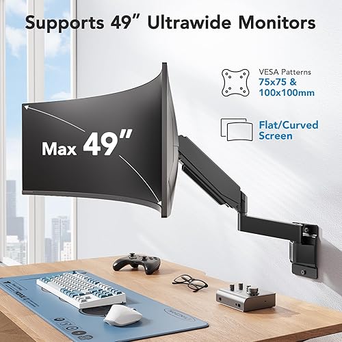 Miniatura 2 de HUANUO Soporte de pared para monitor ultraancho de 49 pulgadas, brazo de pantalla resistente con aluminio de alta calidad, soporta hasta 44 libras,