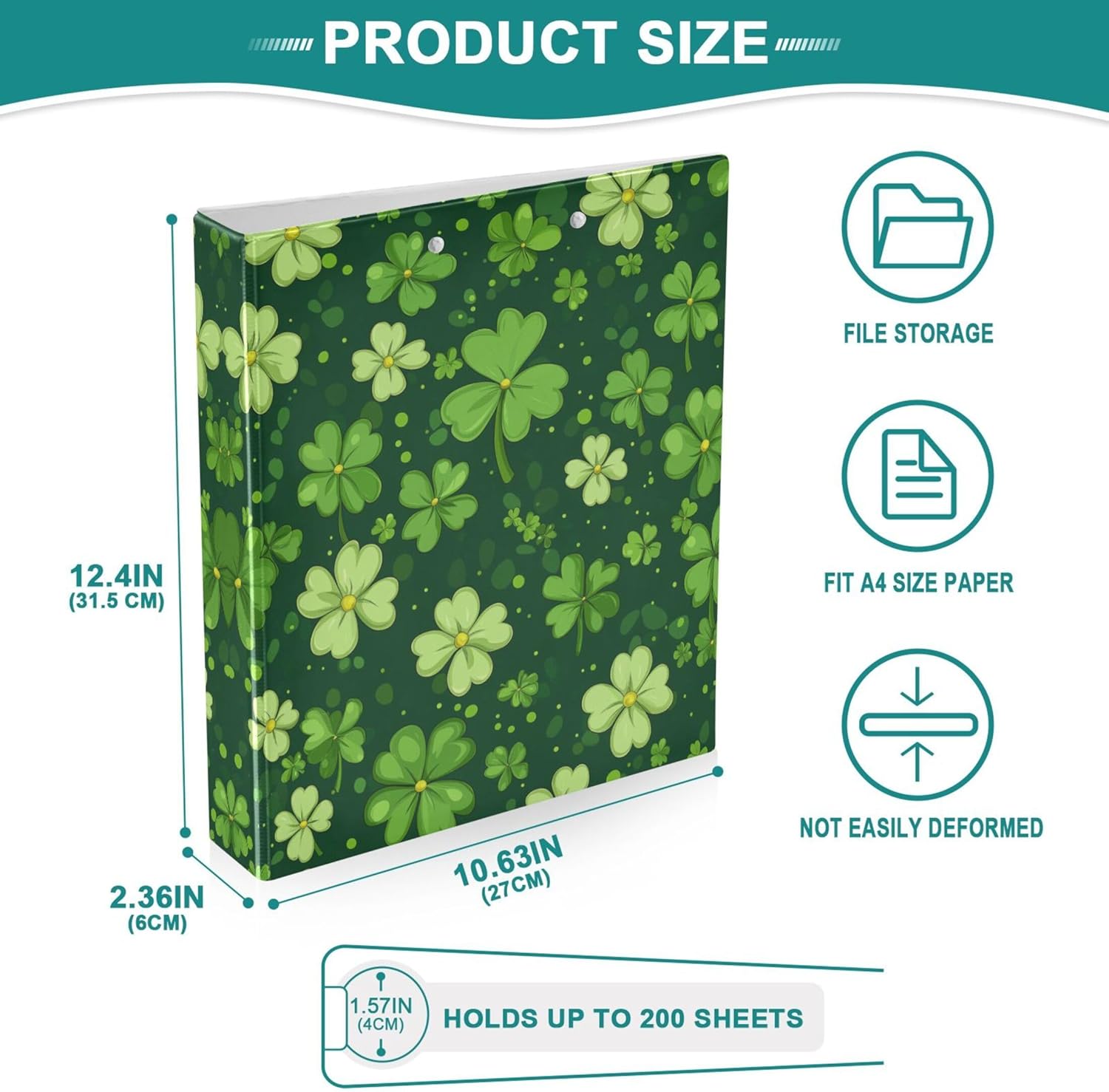 St. Patrick's Day Clover 3 Ring Binders, 1.5” Round Ring Binders with Clipboard - Letter Size, 3 Interior PVC Clear Pockets & Anti-Slip Clip for Office School Supplies, 2PCS