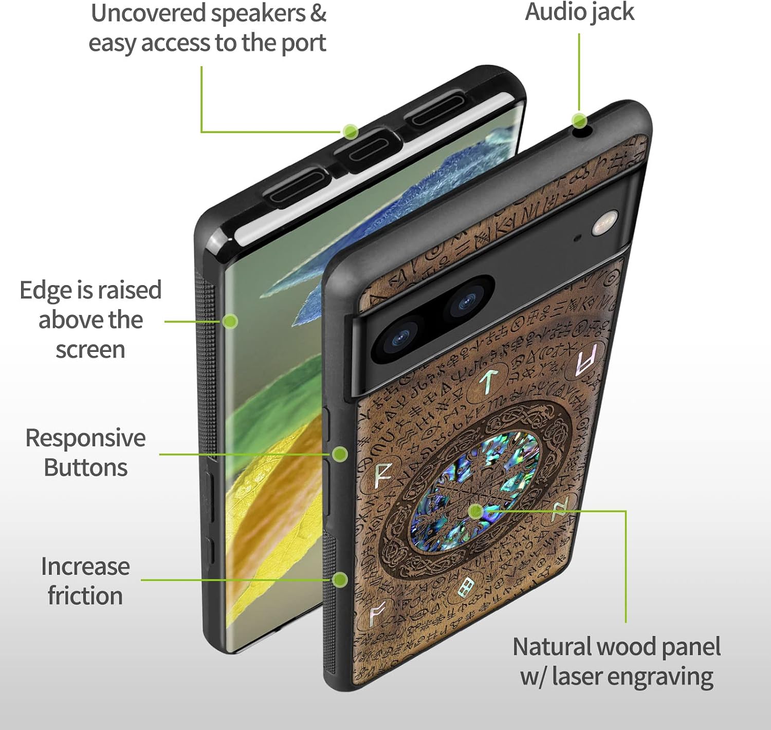 Carveit Designer Wooden Case for Google Pixel 8 Case Protective Cover [Wood Engraving & Shell Inlay] Compatible with Wireless Chargers Pixel 8 (Viking-Walnut)