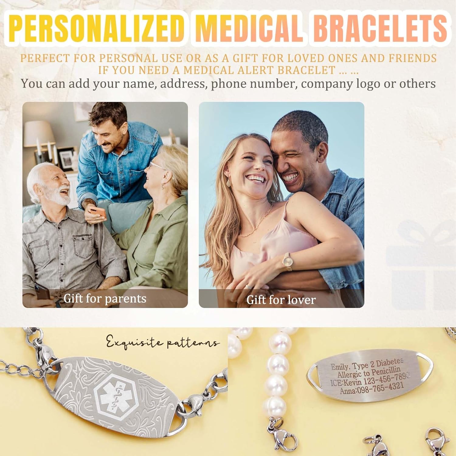 MOTICIUS Personalized Medical Alert Bracelets for Women Custom Medical Bracelets Personalized Medic ID Bracelet Custom Engraved Emergency Bracelet ID Wristband