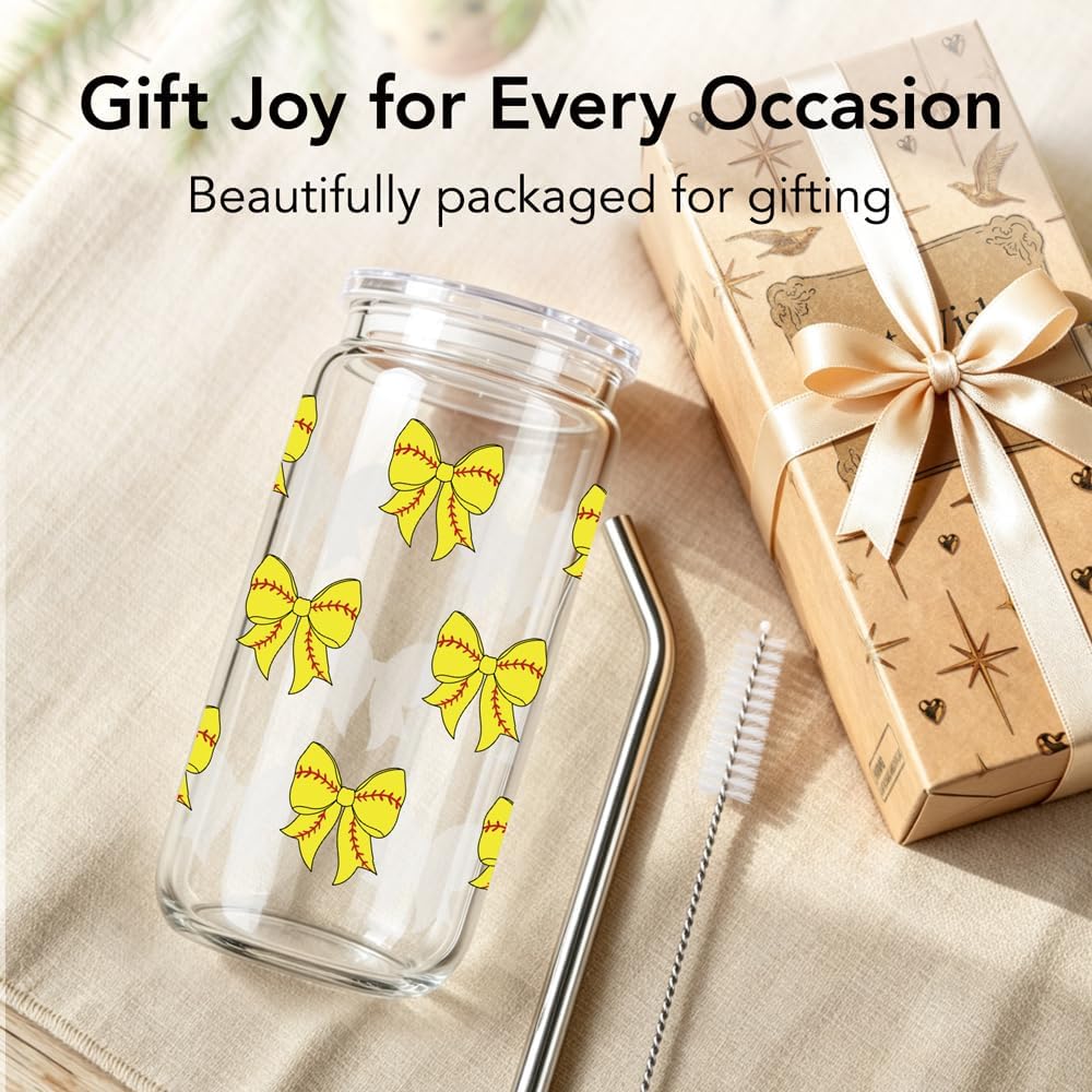 Softball Bows Iced Glass Cup with Lids and Straws, Cute Coffee Cup Gifts