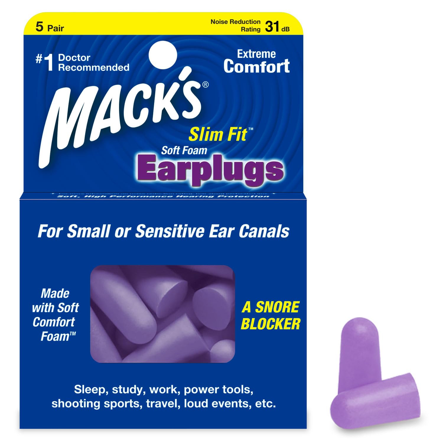 Mack's Ear Care Slim Fit Soft Foam Earplugs, 5 Count (Pack of 6)
