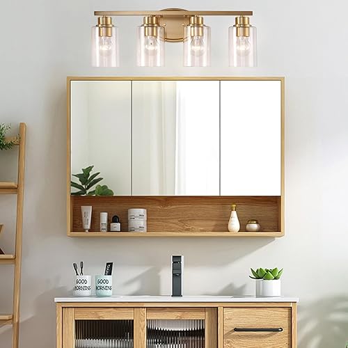 Miniatura 5 de Lámparas de tocador de baño sobre el espejo, 4 lámparas de baño de oro cepillado con vidrio transparente, moderna lámpara de tocador para baño,