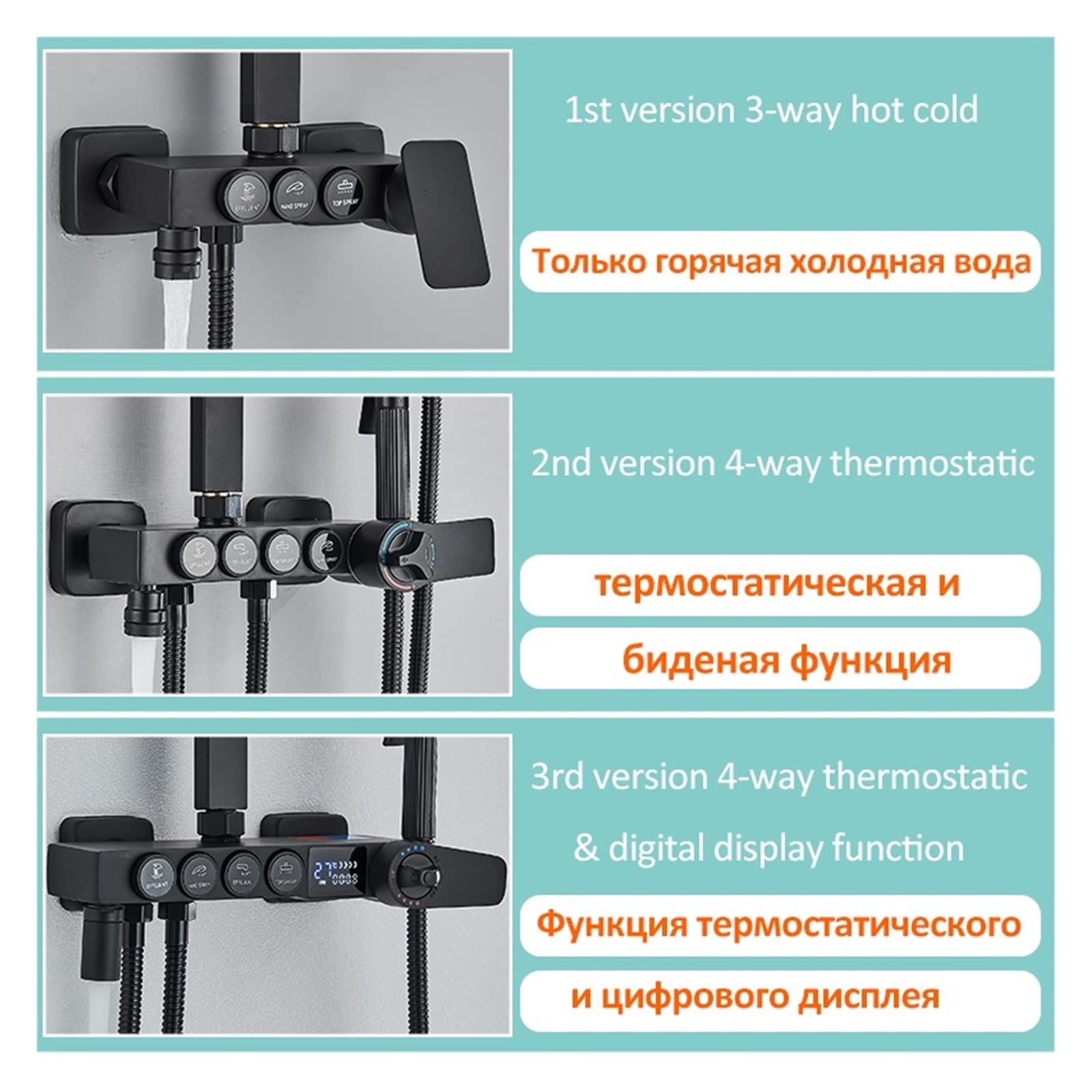 Czarny termostatyczny cyfrowy wyświetlacz bateria prysznicowa energia wodna LCD deszczownica System prysznicowy do wanny bateria do bidetu wanna prysznic kran(Chrome 4-way HWSX)