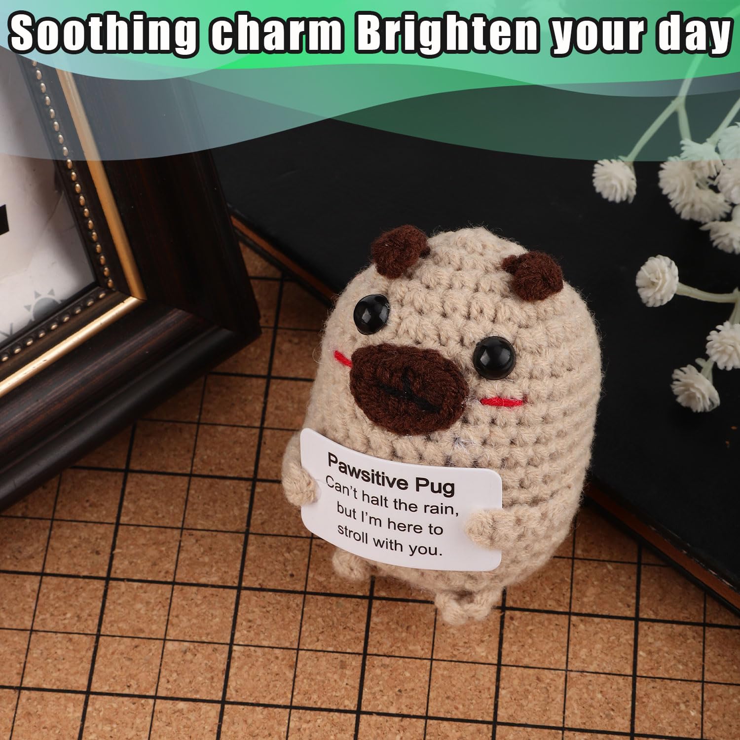 XIHIRCD Positive Crochet Dog Gift, 2.76x2.36in Cute Positive Pug Plush Positive Crochet Animals Knitted Dog Toys with Encouragement Card Emotional Positivity Support Gift for Family Friends - Image 4