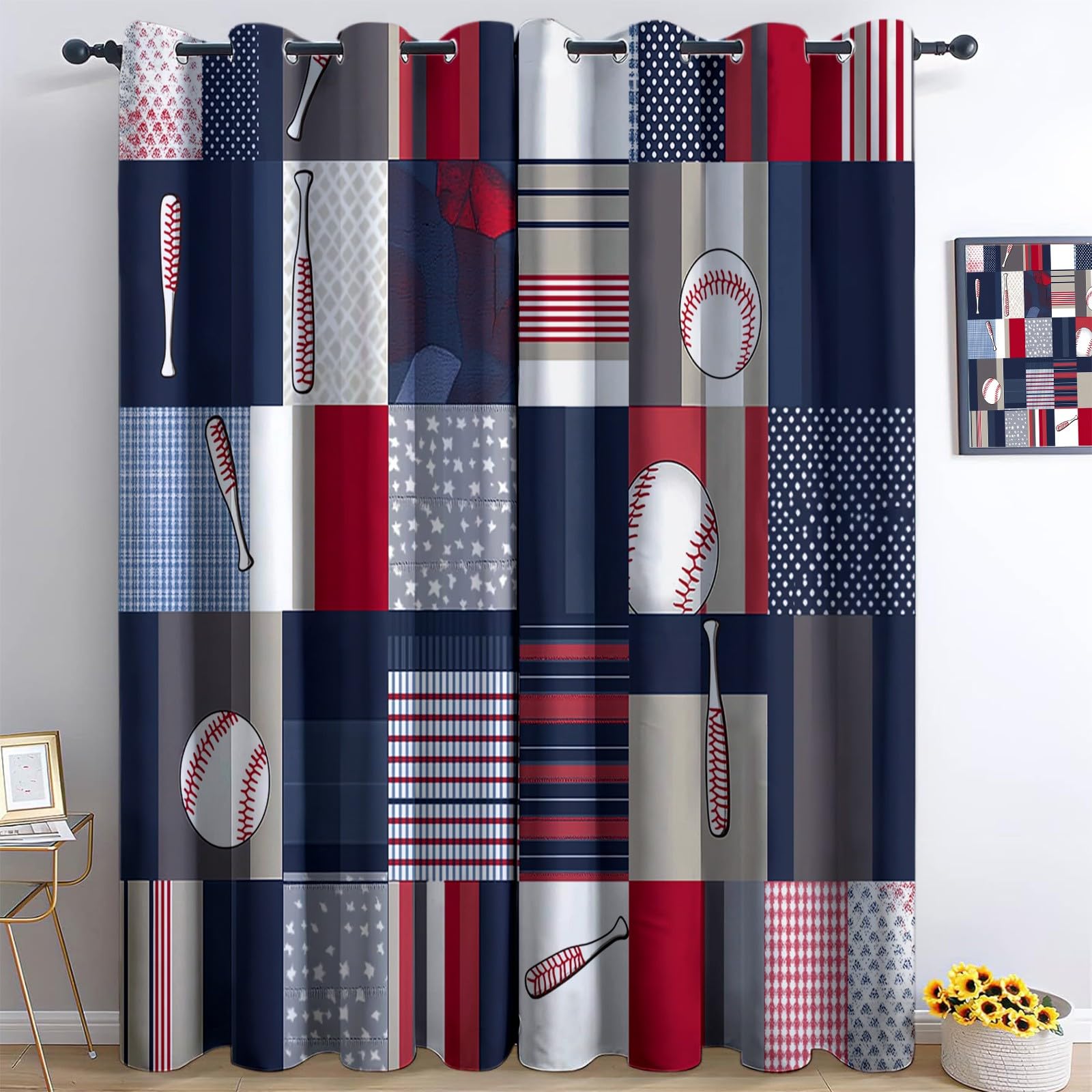 Generisch Blickdicht Vorhang Ösenschal Verdunkelungsvorhang 3D Patchworkmuster Baseball-Thema Gardinen Kinderzimmer Wohnzimmer Thermovorhang Polyester Vorhänge H215 x B110 cm 2Er Set