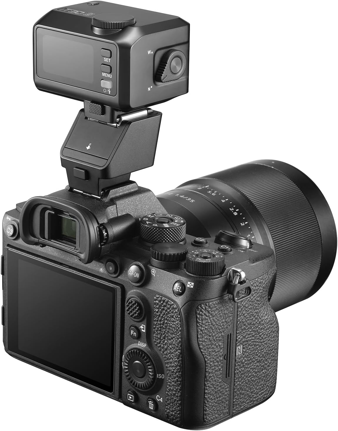 GODOX TRF Hot Shoe Riser with a Godox flash mounted on a camera, rear view