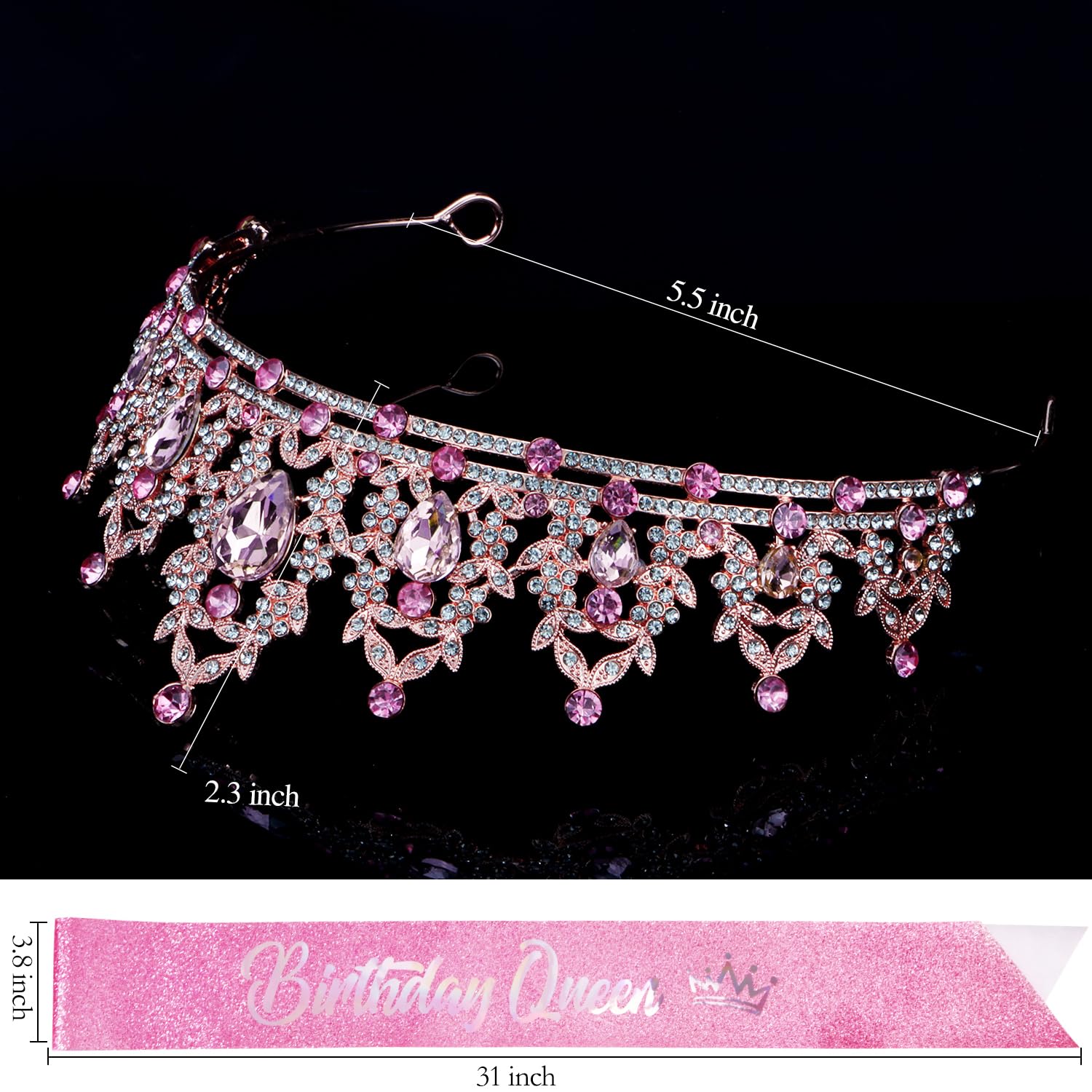 Pink Birthday Crown and Queen Sash - Crystal Tiara Rhinestone Headband for Women Princess Party Gifts - Image 6