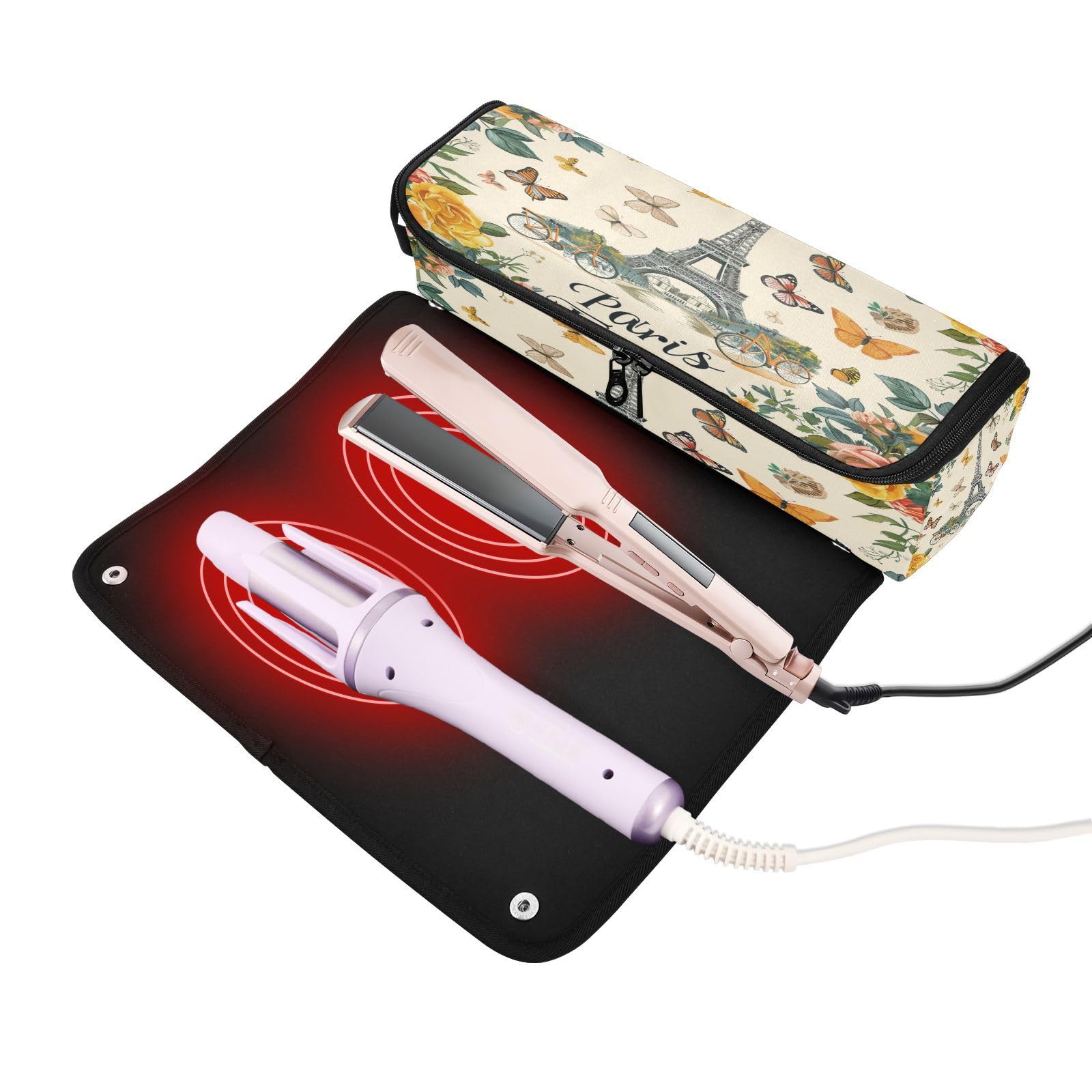 Bulletgxll Flowers and Tower Hair Tools Travel Bag Portable Hair Accessory Organizer with Heat Resistant Mat 2 in 1 Curling Iron Travel Carrying Case, Travel Essentials for Women