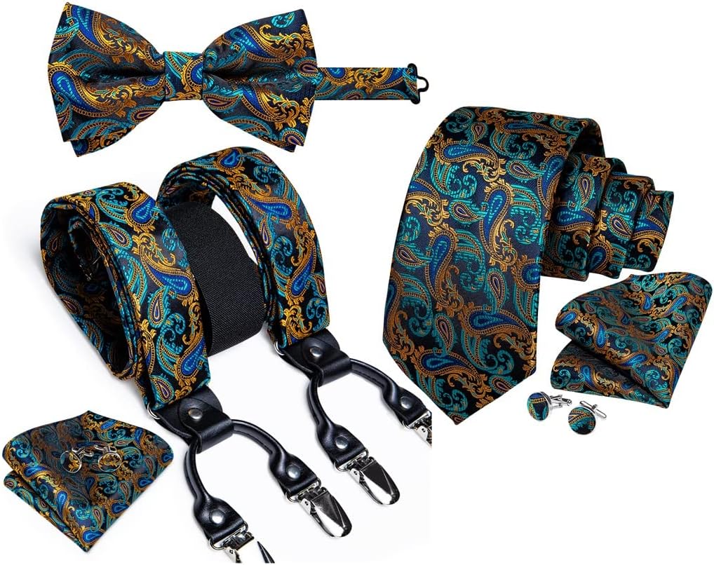 Adjustable Men's Elastic Braces Suspenders for Man Shirt Decor Silk Necktie Bowtie Pocket Square Cuffins Set