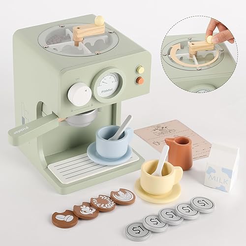 Miniatura 8 de Juguete Cafetera de Madera para Niños con Molinillo, Juego de Simulación Electrodomésticos de Cocina y Accesorios Juguete Regalo para Niños Pequeños