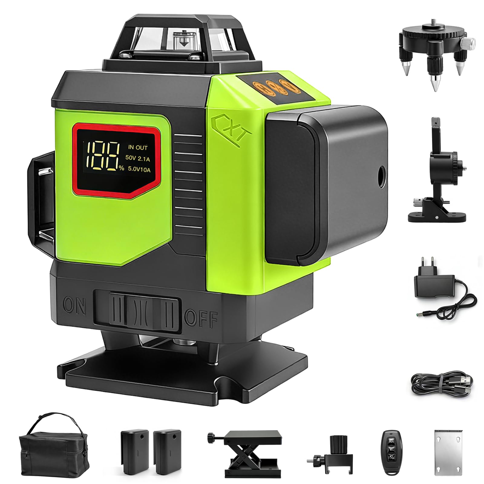 Nivel Láser 4D 16 Líneas, 4×360° Autonivelante con Pantalla Digital de Batería, Láser Verde con Modo Pulso y Control Remoto, Verde