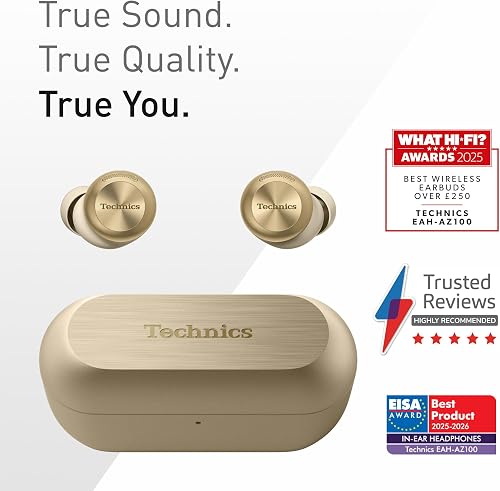 Technics EAH-AZ100E-N Wireless Earbuds with Noise Cancelling, Multipoint Bluetooth, Voice Focus AI, Comfortable In-Ear Headphones, Gold (Renewed) - 2