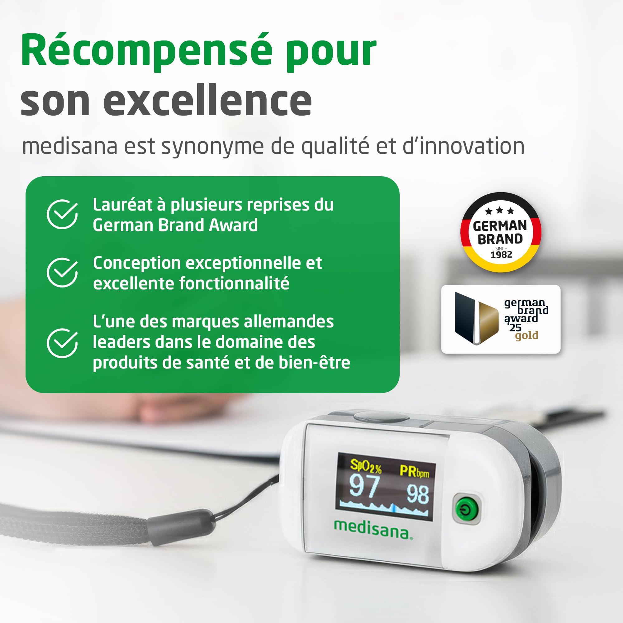 medisana PM 100, oxymètre de pouls, mesure de la saturation en oxygène du sang, oxymètre de pouls au doigt avec affichage OLED et commande à une touche