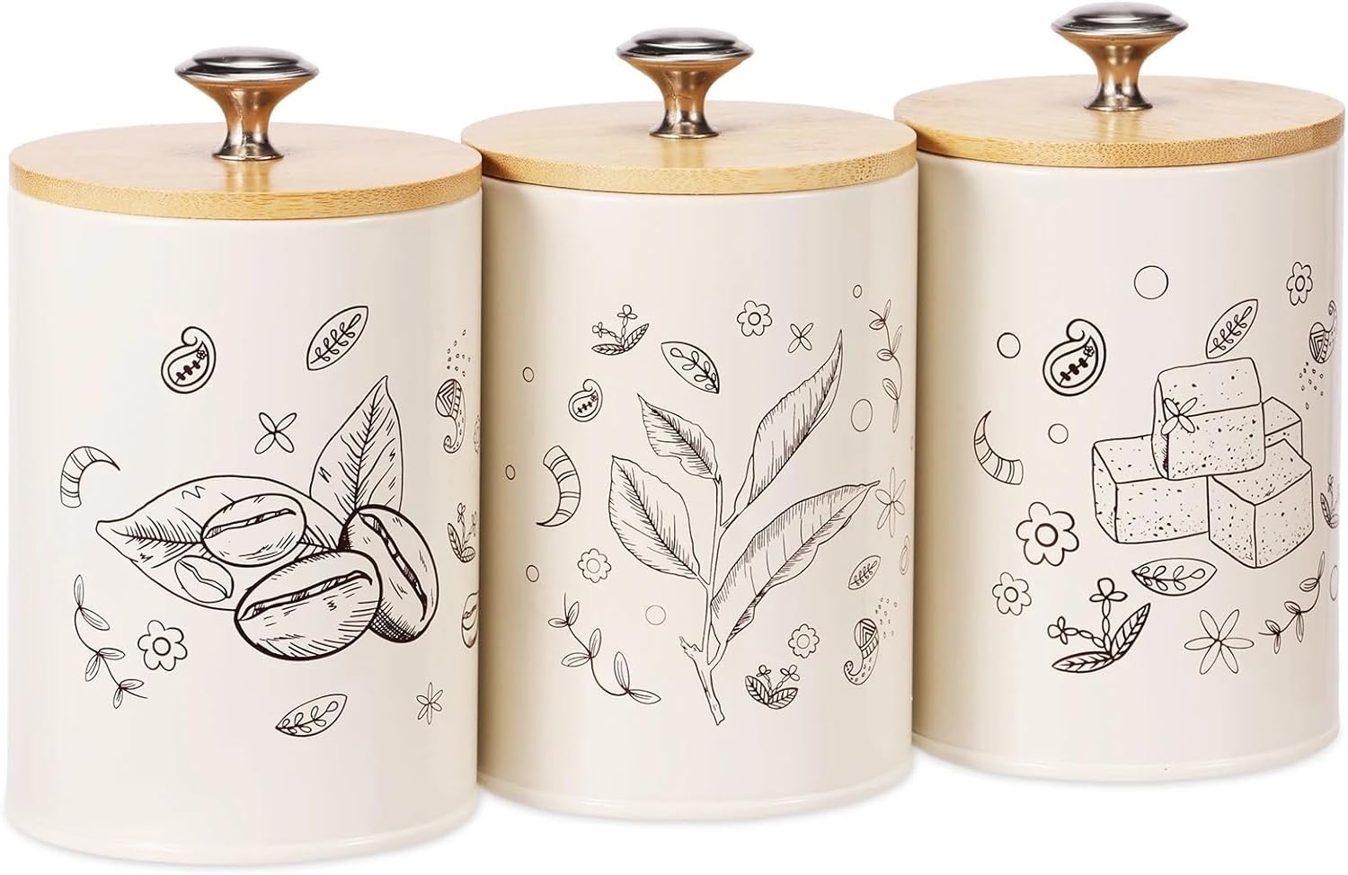 3-Piece Vintage Print Metal Canister Set - Airtight Wood Lids For Sugar, Tea, Coffee Storage, Counter & Dining Room Jars