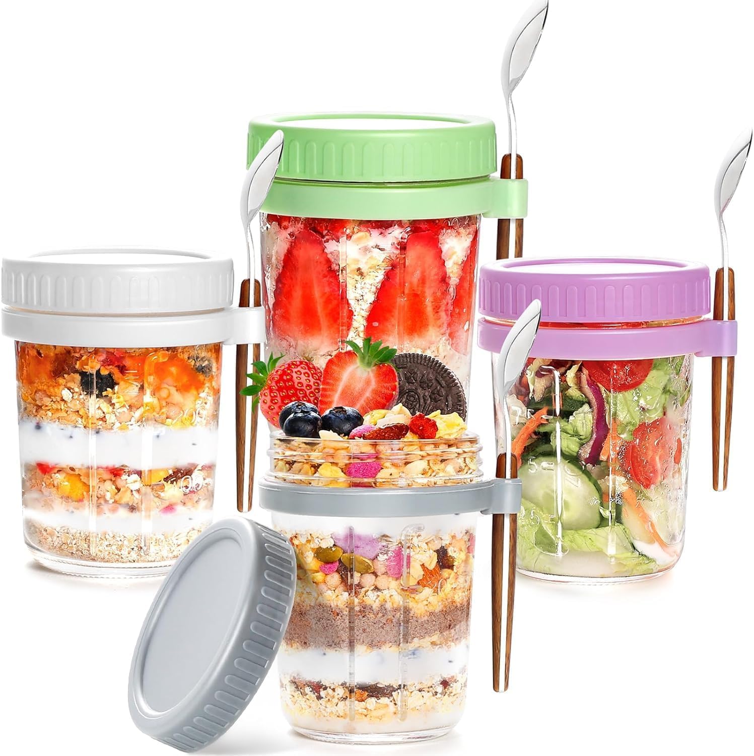 KHOLAD Overnight Oats Containers with Lids and Spoon,Mason Jars,350ml Glass Oatmeal Container to Go for Chia Pudding Yogurt Salad Cereal Meal Prep Jars Pack of 2 (Multicolor)
