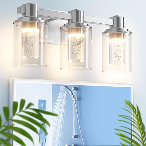 Quntis Lámpara de baño, lámpara de tocador de baño de 3 luces de níquel cepillado, accesorios de iluminación de baño sobre espejo con vidrio de