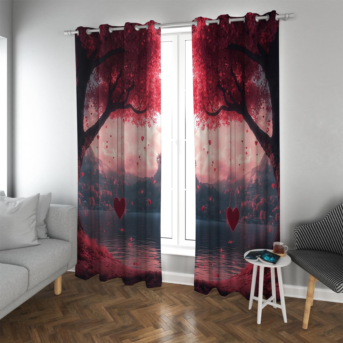 Rideaux occultants arbres lac rose W175xL180cm paire