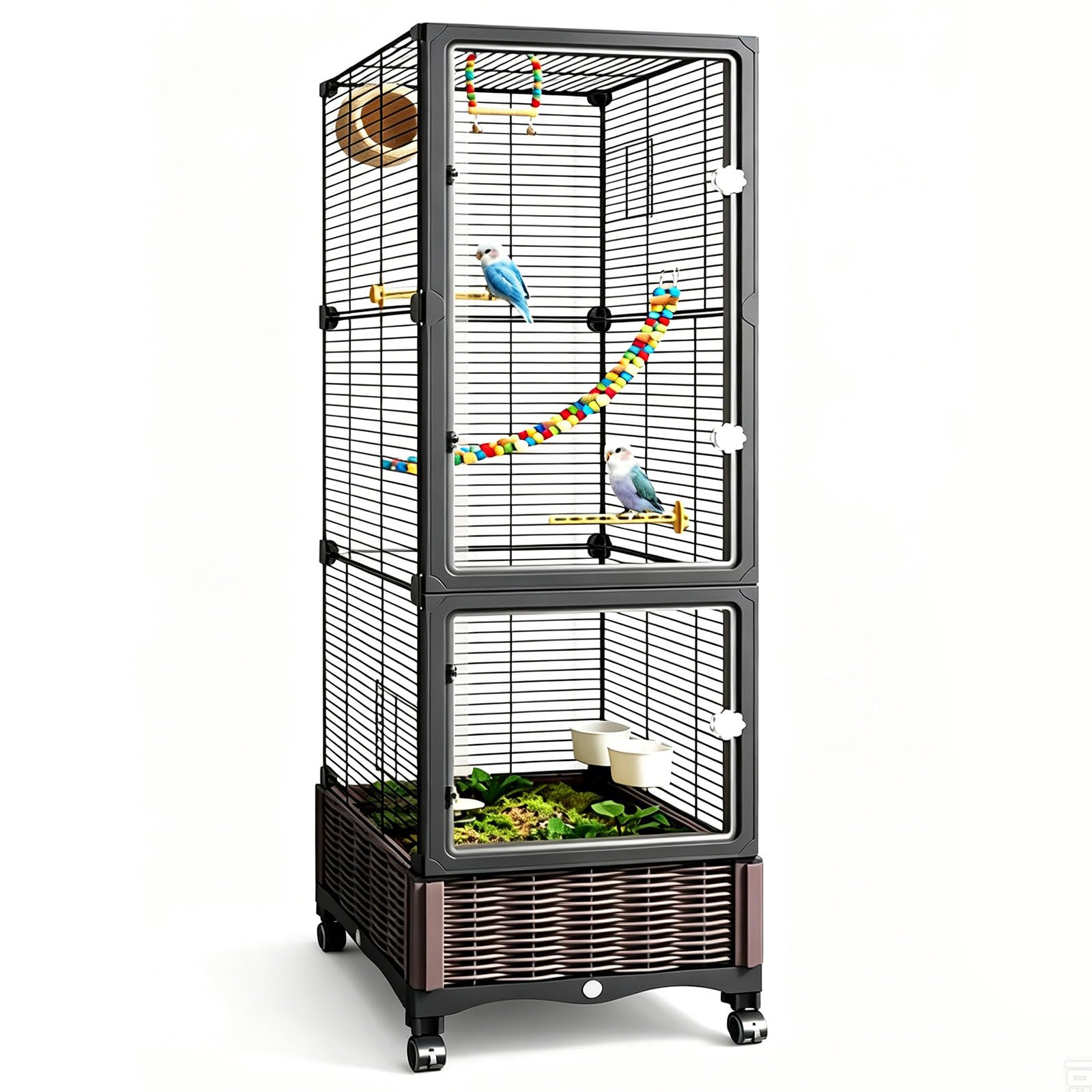 Jaula para Pájaros con Ruedas y Puerta Transparente de Acrílico, Voladera de Interior Moderna para Periquitos, Ninfas y Pájaros Pequeños, Jaula Decorativa con Ruedas L