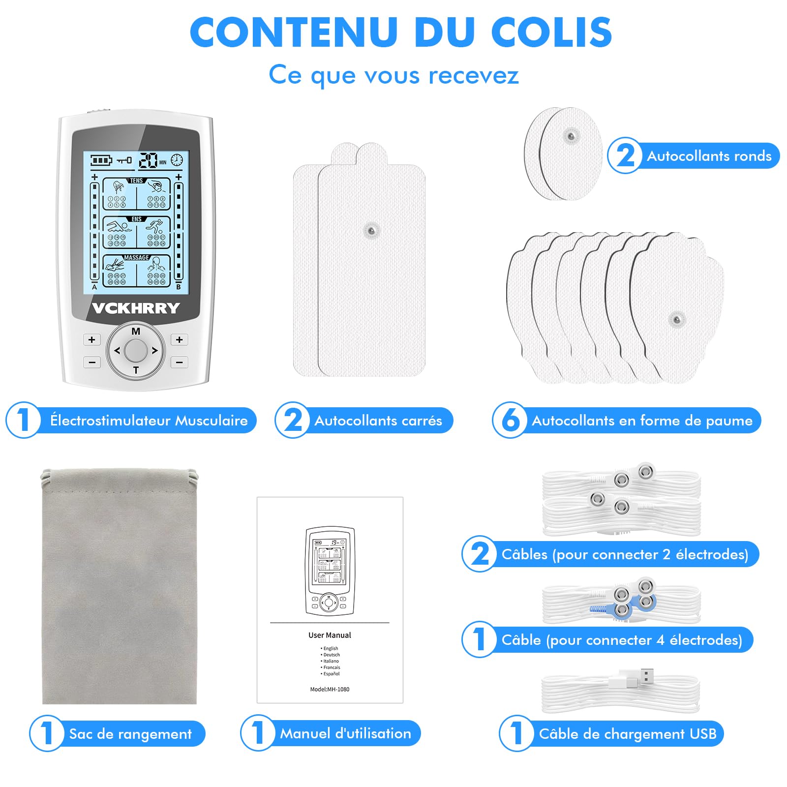 3 EN 1 TENS EMS Électrostimulateur Musculaire pour le soulagement de la douleur, la stimulation musculaire, avec 2 Canaux Indépendant, 36 Programmes de Massage, 10 électrodes