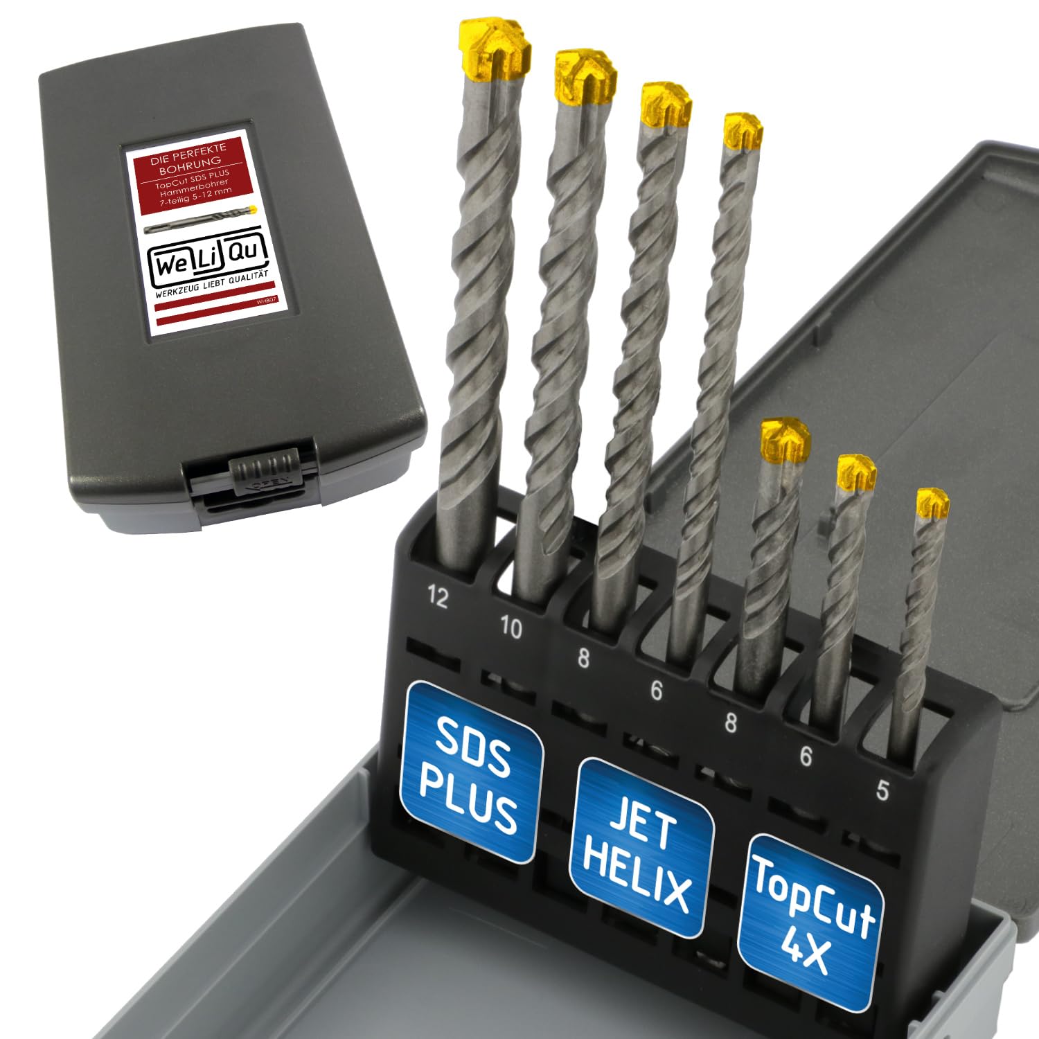 WELIQU TopCut SDS-PLUS X Hammerbohrer Set für Stahlbeton, 7-teilig, Ø 5-12 mm SDS Plus Bohrer Set für Beton, Betonbohrer, Steinbohrer