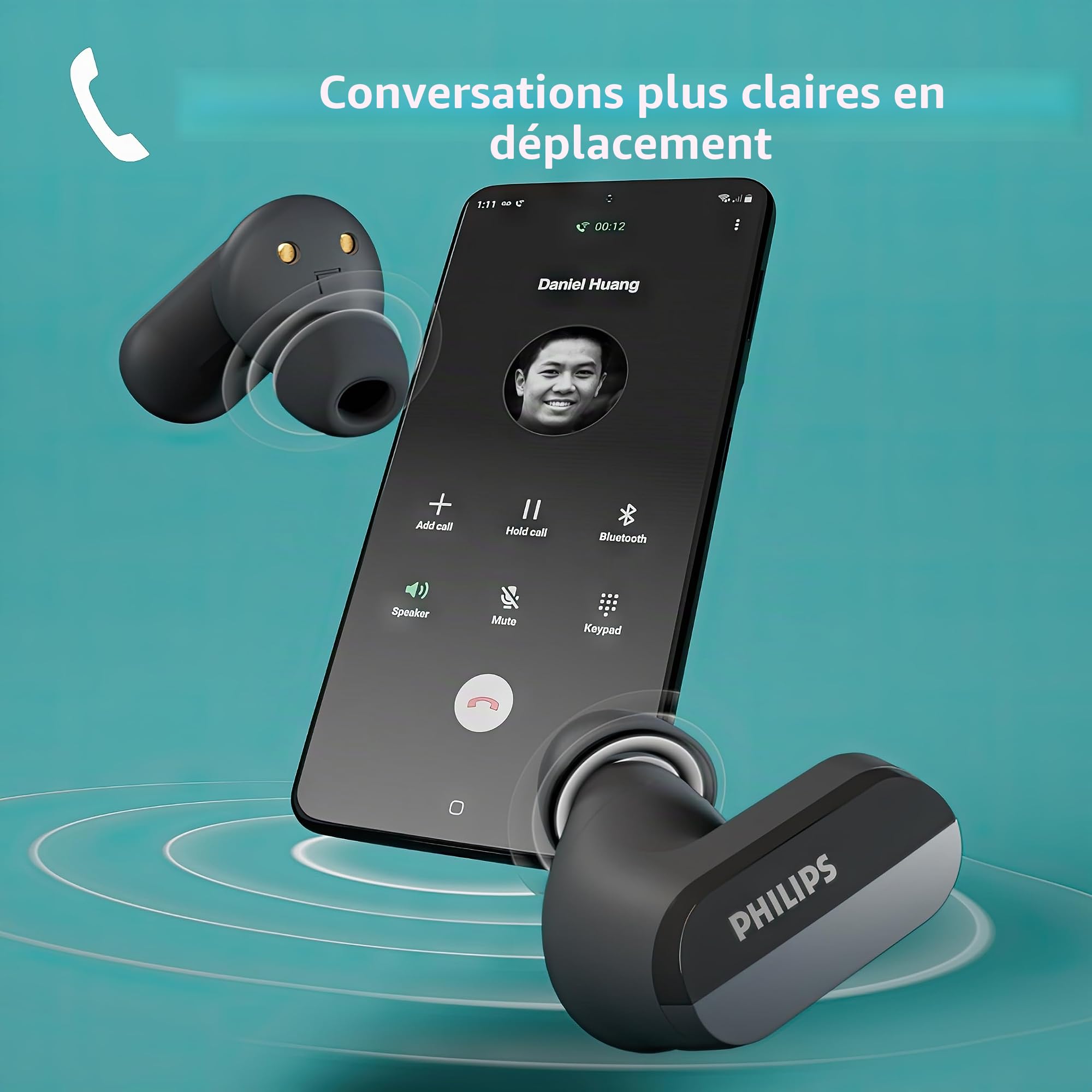 PHILIPS TAT3508BK/00 Écouteurs sans Fil True Wireless | en Silicone, Son Naturel | Réduction du Bruit | Jusqu'à 21 h d'autonomie | Micro | Boîtier de Charge | IPX4 Résistant à l'eau | Noir