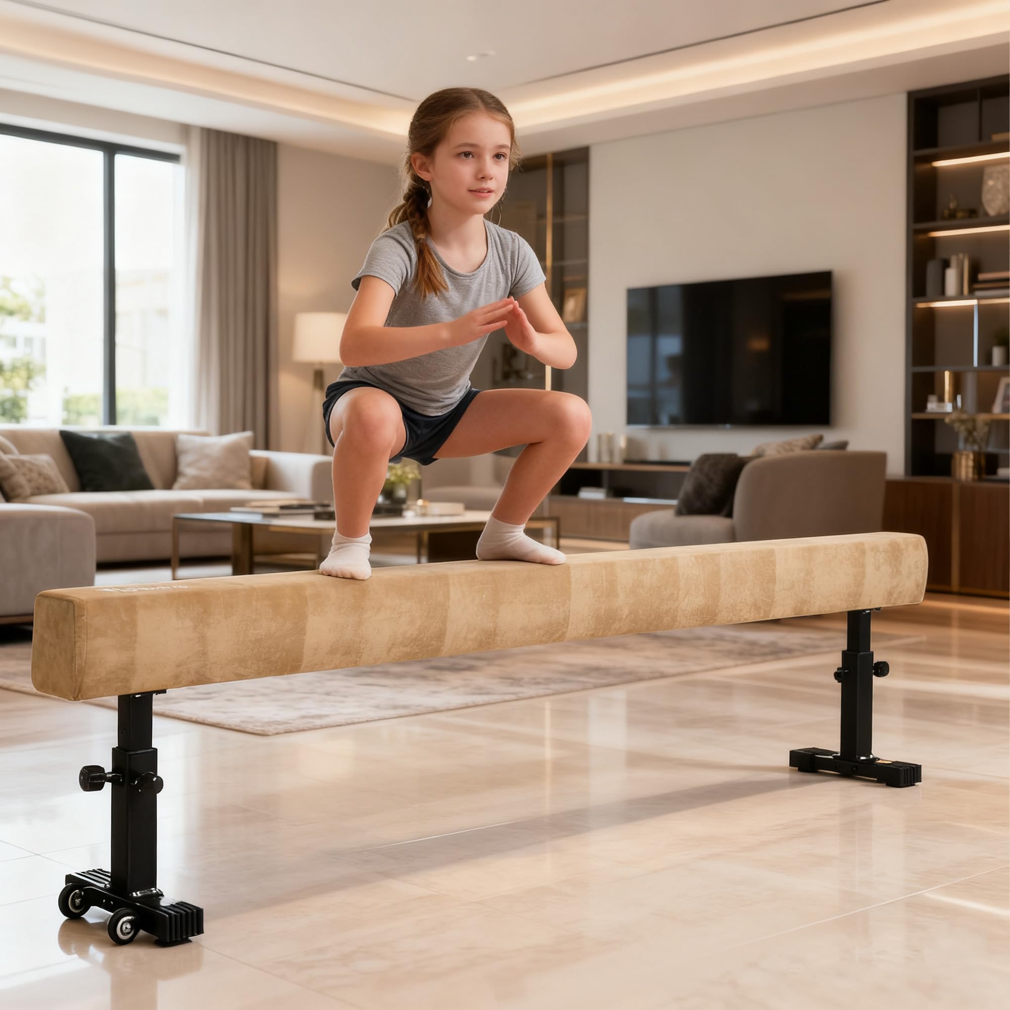 HOMCOM Poutre de Gymnastique 226 cm Antidérapant, Hauteurs Réglables, Poutre d'Équilibre avec roulettes, en Acier et Bois Massif, pour Entraînement à l'Équilibre, Marron