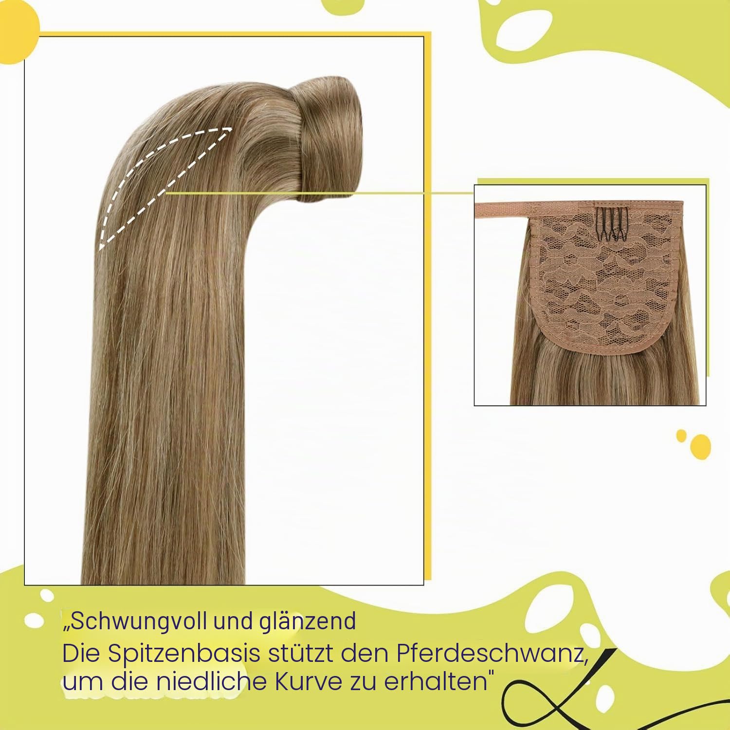 RUNATURE Echthaar Zopf Braun Blond 55cm 80g #10P16 | Echthaar Ponytail Extensions–hitzebeständig, langlebig, geschmeidig. Remy Haar, kein Haarausfall, extra lang mit Melange.