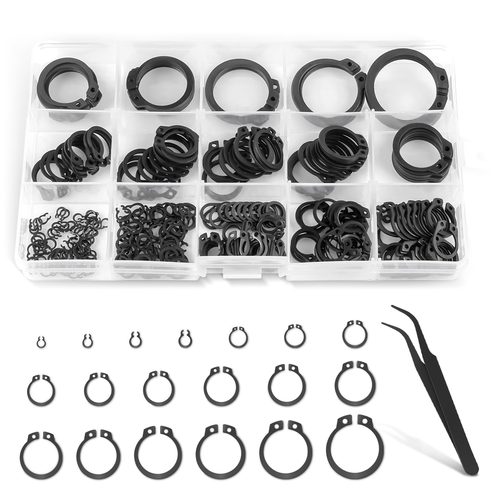 335 PCS External Circlips Snap Retaining Clip Rings Assortment Kit, Carbon Steel Circlips Assorted Sizes